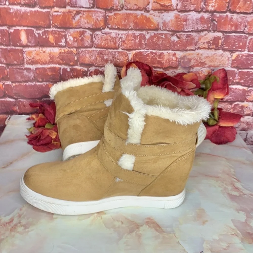 Madden NYC Tan Suede Faux Fur Peytonn Wedge Ankle Boots